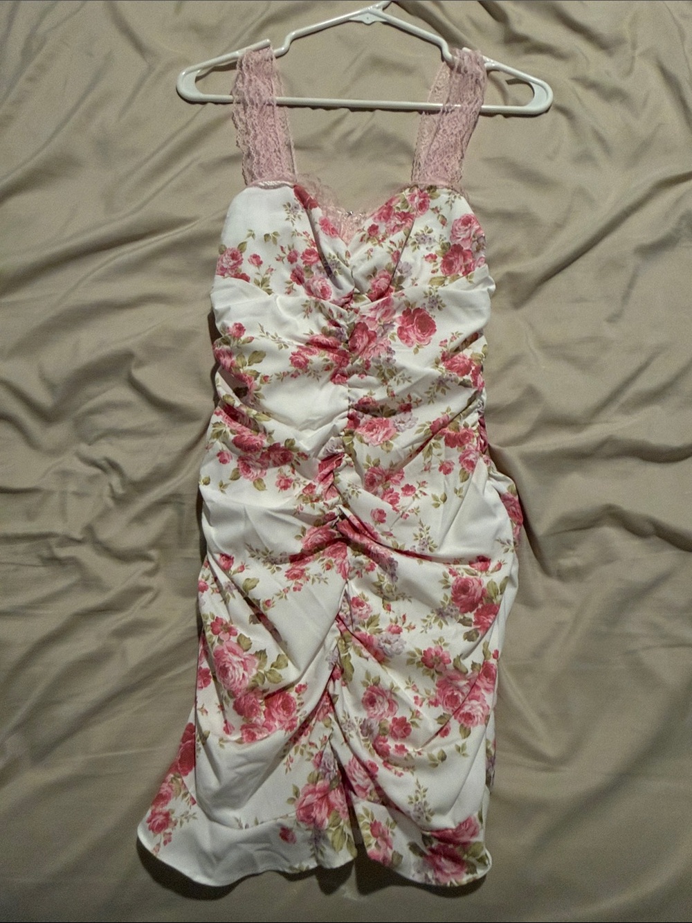 Finesse White Mini Dress with Pink Floral Print and Lace Straps
